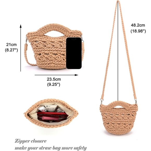 Straw Crossbody Bag Cotton Summer Beach Tote Small Travel Portable - Picture 2 of 9